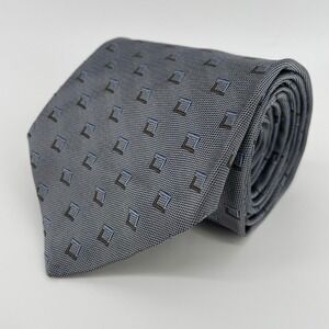 Robert Talbott Studio Extra Long Silk Tie Grey Blue Geometric Squares Hand Sewn